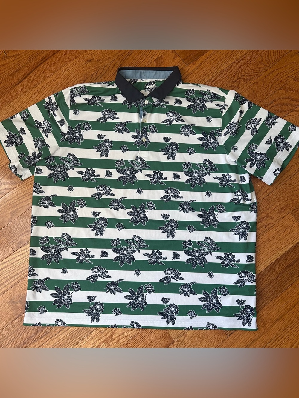 PUMA Golf Pique Garden Polo Shirt XXL Green Floral Stripe Performance Resort EUC